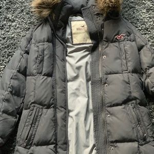 Hollister grey puffy coat with fur hood